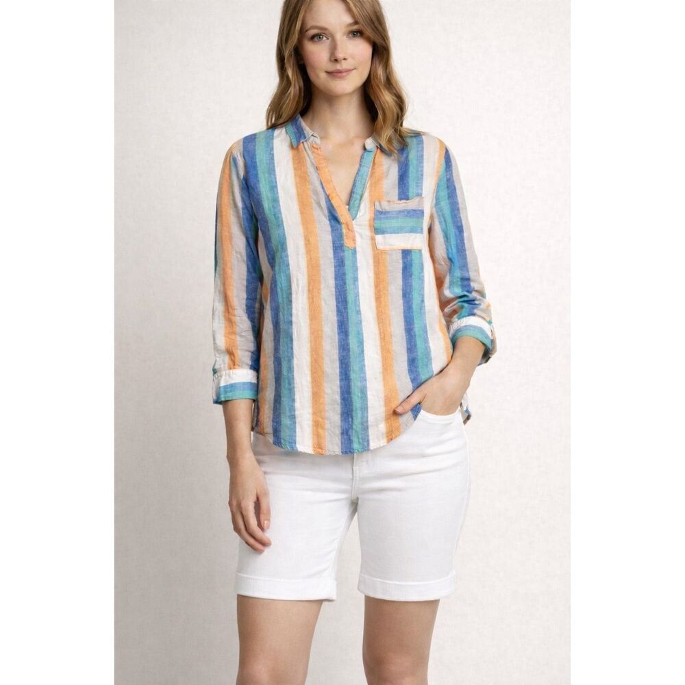 NY&Co Striped Linen Blend Popover Blouse Women’s Medium Lightweight